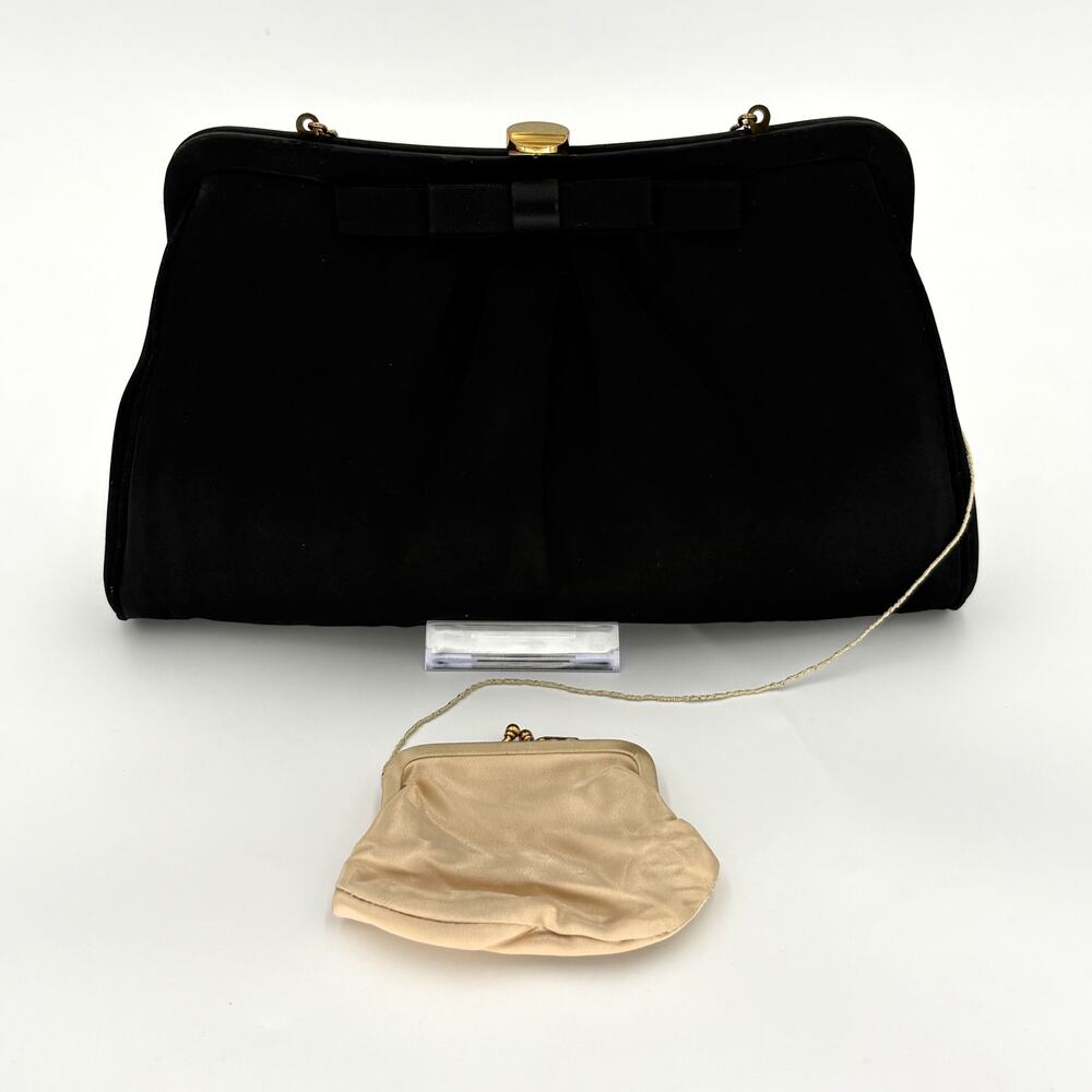 Vintage Black Satin Bow Evening Bag Convertible Clutch with Coin Purse 1960s